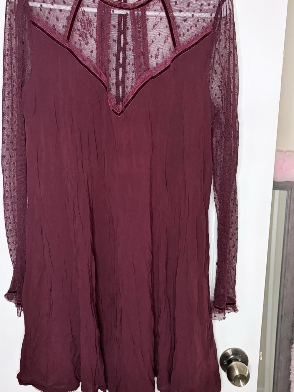 Victorian Kimchi Blue Burgundy Long-Sleeve Mesh Yoke Dress
